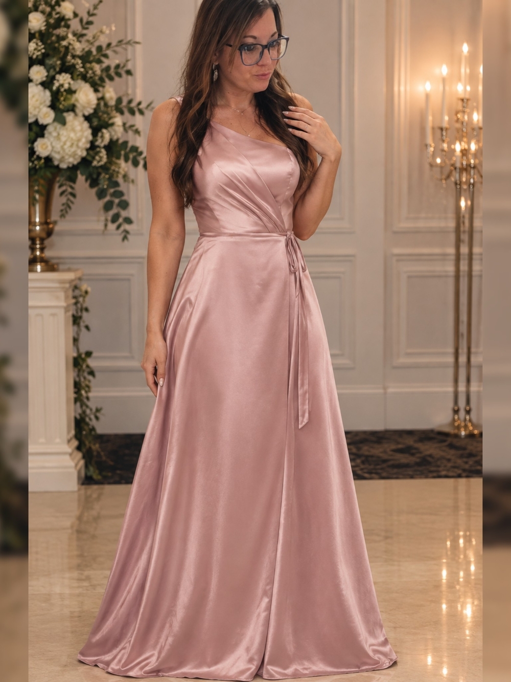 JJs House One-Shoulder Satin Formal Dress in Dusty Rose